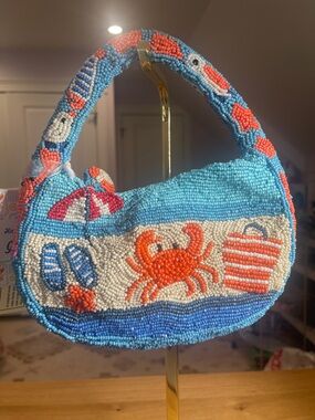 Beaded Mini Shoulder Bag in Aqua & Coral with Beach Motif